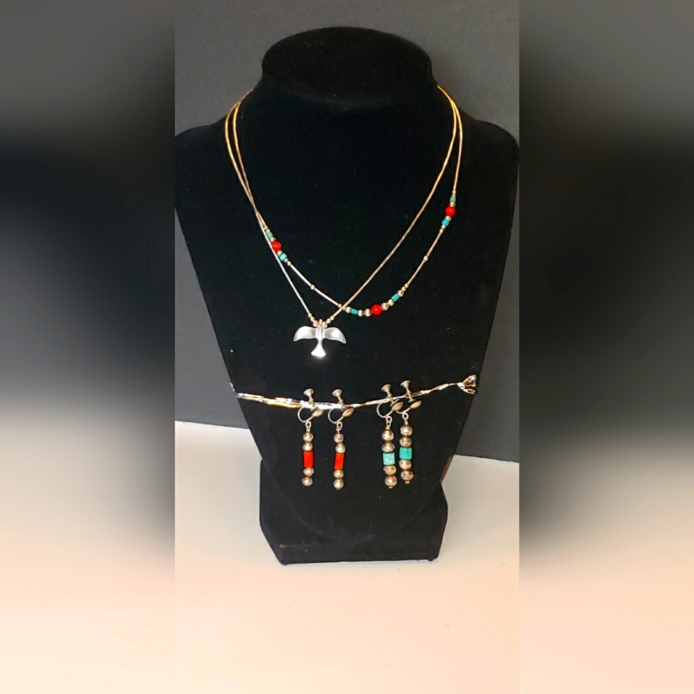 Handmade Sterling silver turquoise, coral necklace ,earrings THE SILVER EXCHANGE